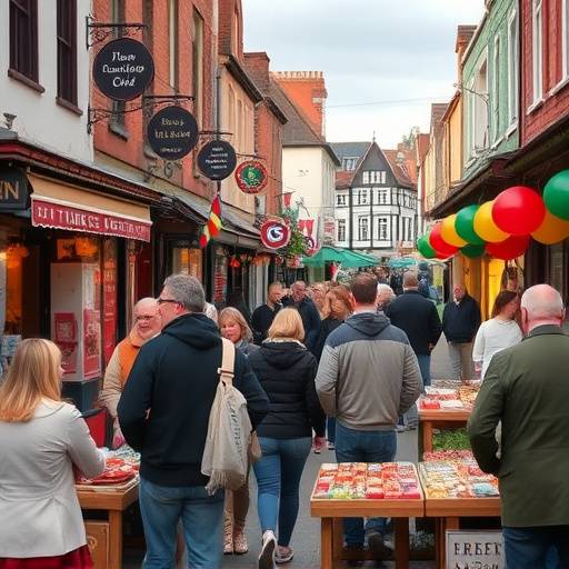 A bustling market scene in a small Irish town, depicting community life and local traditions.