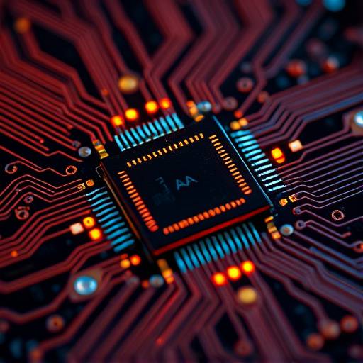 A close-up of a microchip with glowing circuits, symbolizing technological advancements.