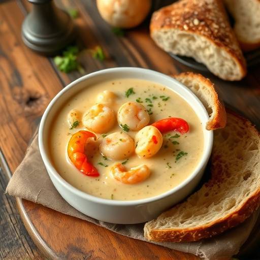 A colourful bowl of Irish seafood chowder with crusty bread on the side.