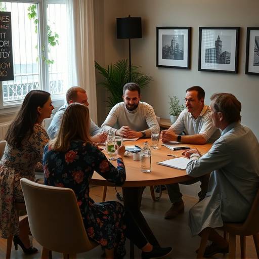 A diverse group of people engaged in a lively discussion at a round table.