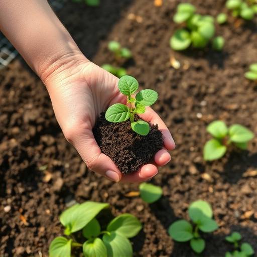 A hand holding a seedling in a fertile garden bed.