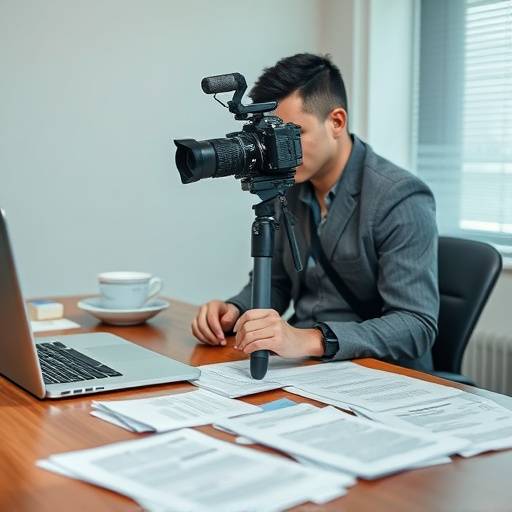 A journalist diligently working at a desk, surrounded by papers and a laptop, symbolizing dedication to news gathering.