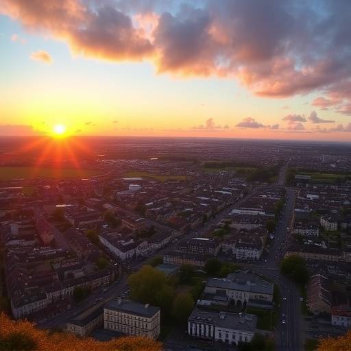 A panoramic view of a vibrant Irish cityscape at sunset, symbolizing connection and insight.