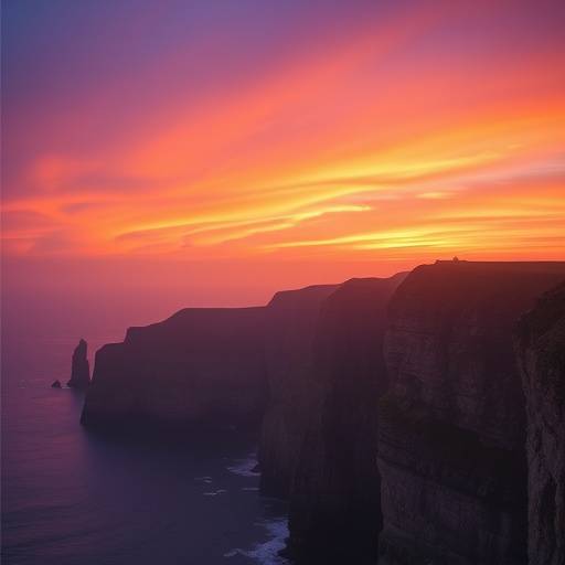 A scenic view of the Cliffs of Moher at sunset, with dramatic sea stacks and vibrant orange and purple sky.