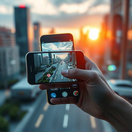 A sleek, futuristic smartphone displaying augmented reality information overlaid on a real-world environment.