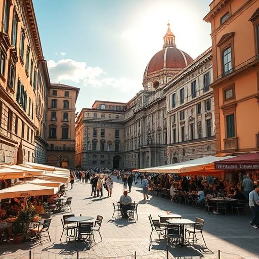 A sun-drenched piazza in Florence, Italy, with people enjoying coffee at outdoor cafes and historic architecture.