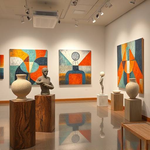 A vibrant display of modern Irish art in a gallery setting, featuring abstract paintings and sculptures.