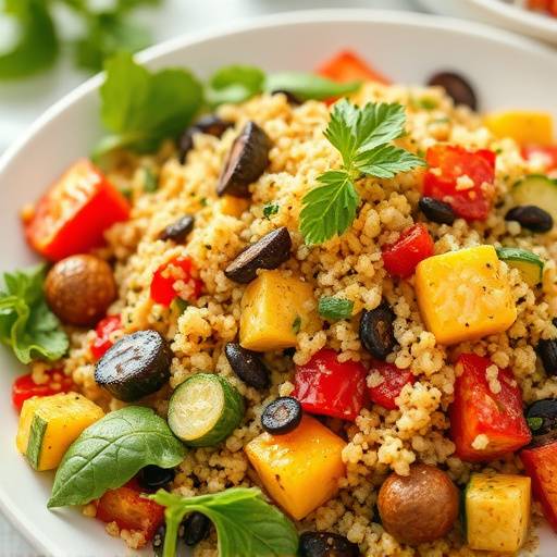 A vibrant salad with quinoa, roasted vegetables like bell peppers and zucchini, and a lemon-herb dressing.