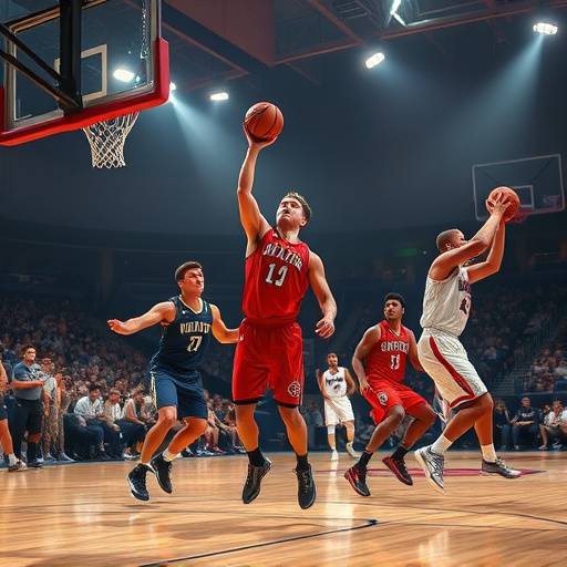 Basketball players in action during a game