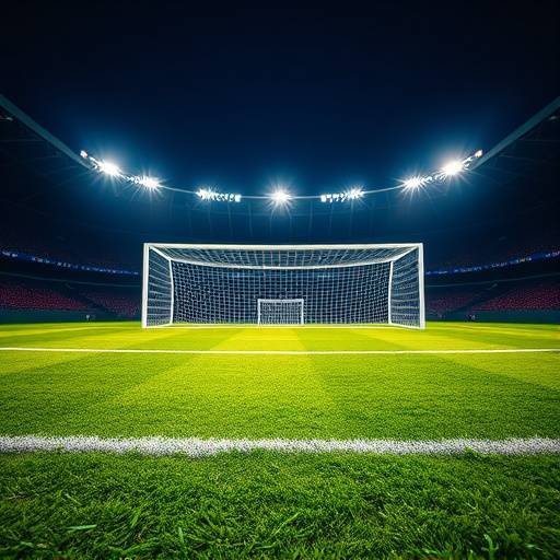 Football pitch with goalposts under stadium lights