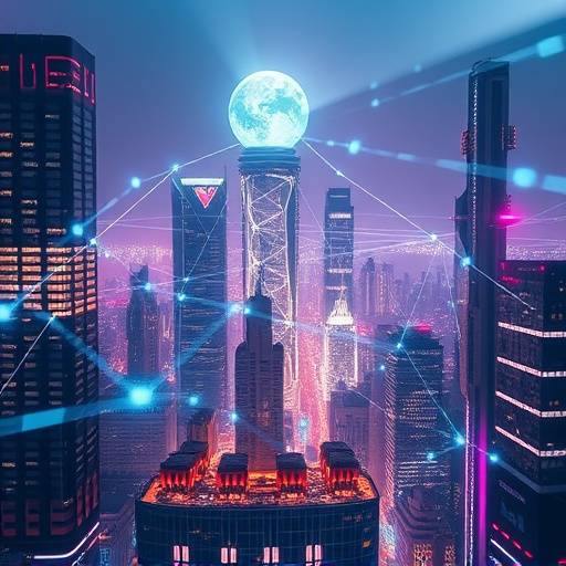 Futuristic cityscape with glowing digital connections, representing technological advancement.