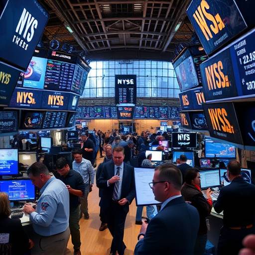 Image of a bustling stock exchange trading floor with traders monitoring screens.
