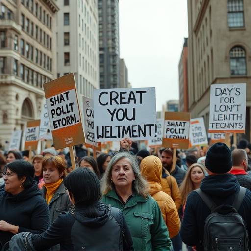 Protestors in a major city square holding signs demanding political reform.